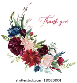 Watercolor floral illustration - flowers burgundy bouquet for wedding stationary, greetings, wallpapers, fashion, background. Peony, dahlia, rose, anemone, eucalyptus, olive, green leaves, etc.