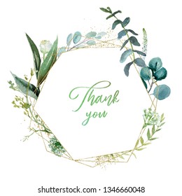 Watercolor floral illustration - geometric leaf frame / wreath, for wedding stationary, greetings, wallpapers, fashion, background. Eucalyptus, olive, green leaves, etc.