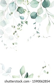 Watercolor Floral Illustration With Green Branches & Leaves - Frame / Border, For Wedding Stationary, Greetings, Wallpapers, Fashion, Background. Eucalyptus, Olive, Green Leaves, Etc.