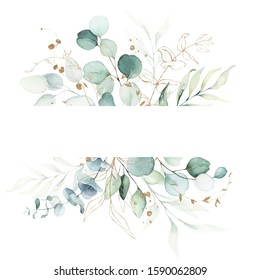 Watercolor Floral Illustration - Green And Gold Leaf Frame / Border, For Wedding Stationary, Greetings, Wallpapers, Fashion, Background. Eucalyptus, Olive, Green Leaves, Etc.