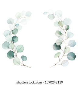 Watercolor floral illustration - green leaves and branches wreath / frame, for wedding stationary, greetings, wallpapers, fashion, background. Eucalyptus, olive, green leaves, etc.