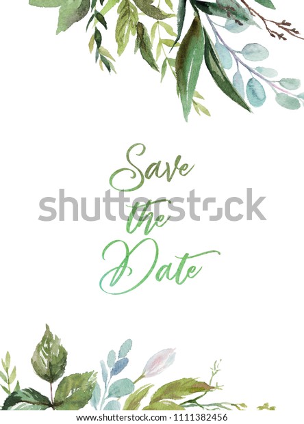 水彩の花柄イラスト 緑の葉の枠 縁 結婚式の文房具 挨拶 壁紙 ファッション 背景 ユーカリ オリーブ 緑の葉など のイラスト素材 1111382456