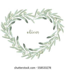 Watercolor floral illustration with heart-shaped olive wreath 