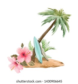 Watercolor floral illustration, island palm tree, surfboards and tropical plants. Beach summer design