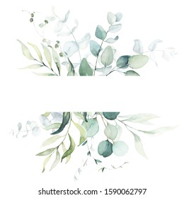 Watercolor floral illustration - leaf frame / border, for wedding stationary, greetings, wallpapers, fashion, background. Eucalyptus, olive, green leaves, etc.