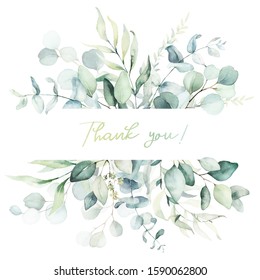 Watercolor floral illustration - leaf frame / border, for wedding stationary, greetings, wallpapers, fashion, background. Eucalyptus, olive, green leaves, etc.