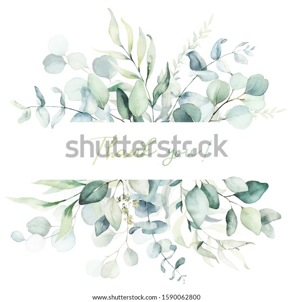 水彩の花柄イラスト 葉枠 縁取り 結婚式の文房具 挨拶 壁紙 ファッション 背景 ユーカリ オリーブ 緑の葉など のイラスト素材