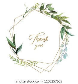 Watercolor floral illustration - leaf wreath / frame with gold geometric shape, for wedding stationary, greetings, wallpapers, fashion, background. Eucalyptus, olive, green leaves, etc.