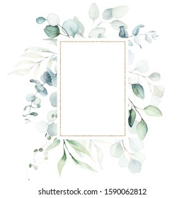 Watercolor floral illustration - leaves and branches wreath / frame with gold geometric shape, for wedding stationary, greetings, wallpapers, fashion, background. Eucalyptus, olive, green leaves, etc.