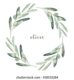 Watercolor floral illustration with olive branches wreath 