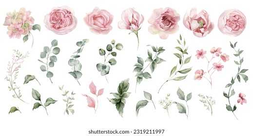 Watercolor floral illustration. Pink flowers and eucalyptus leaves bouquet.  Dusty roses, soft light blush peony - border, wreath, frame. Perfect wedding stationary, greetings,  fashion, background Adlı Stok İllüstrasyon