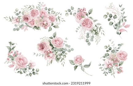 Watercolor floral illustration. Pink flowers and eucalyptus leaves bouquet.  Dusty roses, soft light blush peony - border, wreath, frame. Perfect wedding stationary, greetings,  fashion, background Arkivillustrasjon