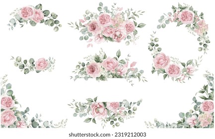 Watercolor floral illustration. Pink flowers and eucalyptus leaves bouquet.  Dusty roses, soft light blush peony - border, wreath, frame. Perfect wedding stationary, greetings,  fashion, background - Powered by Shutterstock