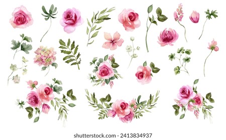 Watercolor floral illustration with roses, green leaves and branches isolated on white background. Hand painted flowers for invitation, wedding or greeting cards 
