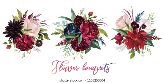 Watercolor floral illustration - set of 3 burgundy bouquets for wedding stationary, greetings, wallpapers, fashion, background. Peony, dahlia, rose, anemone, eucalyptus, olive, green leaves, etc.