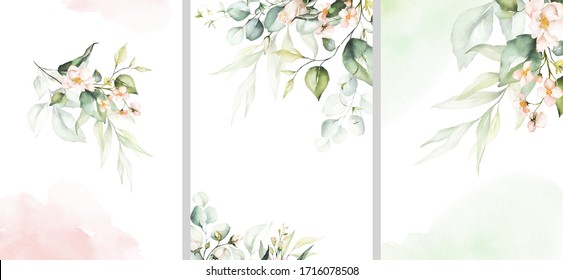 Watercolor floral illustration set - collection of green pink frame, border, bouquet, for wedding stationary, greetings, wallpaper, fashion, posters, background. Eucalyptus, olive, green leaves, rose. - Powered by Shutterstock