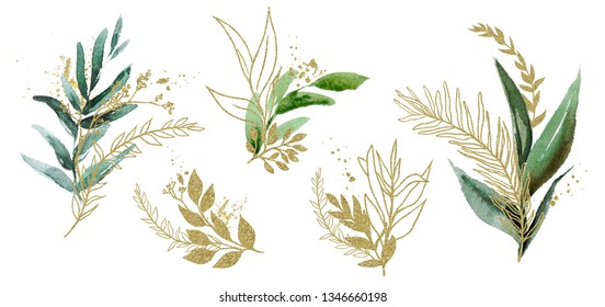 Watercolor floral illustration set - green & gold leaf branches, for wedding stationary, greetings, wallpapers, fashion, background. Eucalyptus, olive, green leaves, etc.