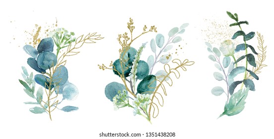 Watercolor floral illustration set - green & gold leaf branches collection, for wedding stationary, greetings, wallpapers, fashion, background. Eucalyptus, olive, green leaves, etc.