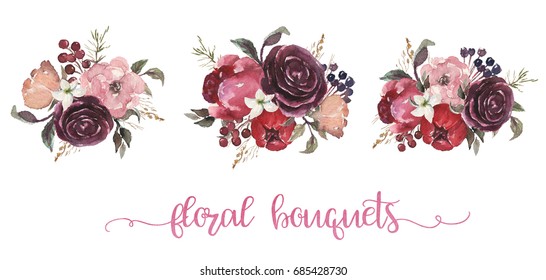 Watercolor Floral Illustration - Three Beige, Burgundy, Pink Flower Bouquets With Beige, Pink, Burgundy, Peonies, Roses For Wedding, Anniversary, Birthday, Etc. Invitations.