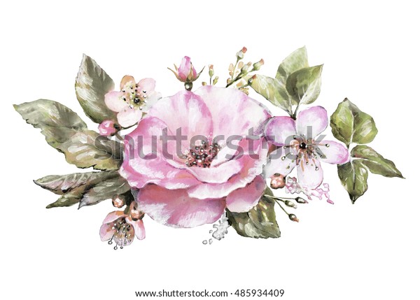 結婚式用の水彩花柄のイラスト パステルカラーの花 バラ 春 白い背景に枝の花の組成 のイラスト素材