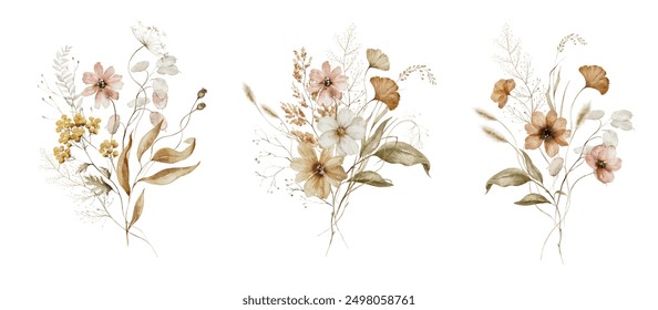 Watercolor floral illustration - wildflowers bouquet set. Autumn fall dried flowers leaves. Wedding invitations, greetings, wallpapers, fashion, background texture, wrapping. Yellow white silver dull.