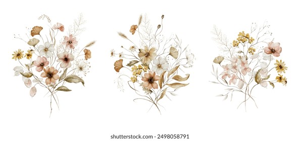 Watercolor floral illustration - wildflowers bouquet set. Autumn fall dried flowers leaves. Wedding invitations, greetings, wallpapers, fashion, background texture, wrapping. Yellow white silver dull.