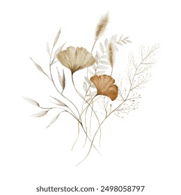 Watercolor floral illustration - wildflowers bouquet. Autumn fall dried flowers leaves, for wedding invitations, greetings, wallpapers, fashion, background texture, wrapping. Yellow white silver dull. - Powered by Shutterstock