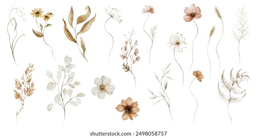 Watercolor floral illustration - wildflowers individual element set. Autumn fall dried flowers leaves branches. Wedding invitations prints wallpapers fashion background. Yellow white silver dull. - Powered by Shutterstock