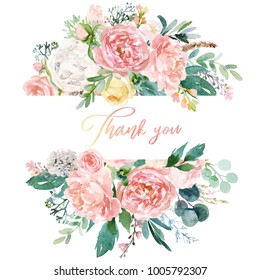 Watercolor floral illustration - wreath / frame with bright peach color, white, pink, vivid flowers, green leaves, for wedding stationary, greetings, wallpapers, fashion, background, texture, wrapping