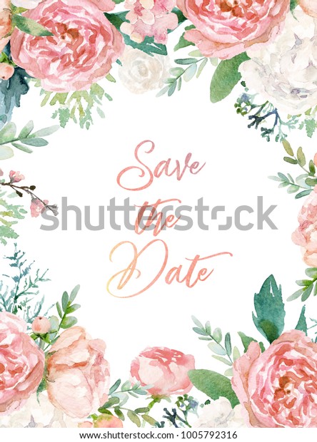 水彩花卉插画 花圈 框架与鲜艳的桃色 白色 粉红色 鲜艳的花朵 绿色的叶子 婚礼文具 问候 壁纸 时尚 背景 质感 包装库存插图