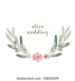 Watercolor floral illustration with wreath of olives and flowers 