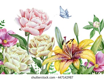 Watercolor floral image with tiger lily, peony and dog-rose flowers