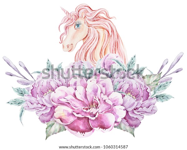 Watercolor Floral Logo Unicorn Illustration On Stock Illustration