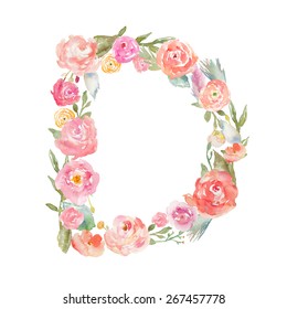 Watercolor Floral Monogram Letter D On Isolated White Background