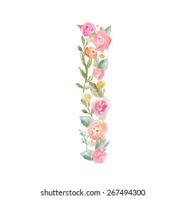 Watercolor Floral Monogram Letter I. 