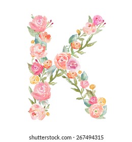 Watercolor Floral Monogram Letter K