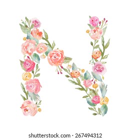 Watercolor Floral Monogram Letter N