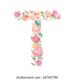 Watercolor Floral Monogram Letter T. 