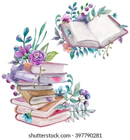 Watercolor floral and nature elements with beautiful old books, illustration for design, Beautiful card with watercolor flowers and books over white