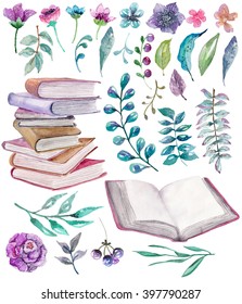 Watercolor floral and nature elements with beautiful old books, illustration for design, Beautiful collection with watercolor flowers and books over white