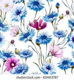 Watercolor Floral Pattern, Blue Flower Cornflower, Delicate Wallpaper, Pink Flower  Cosmos, Spring, Summer