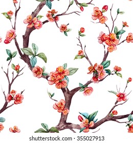 Watercolor Floral Pattern Cherry, Flowering Trees, Small Flowers On The Tree, Peach, Apricot