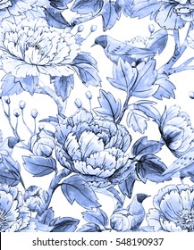 Watercolor Floral Pattern Of Chinese Style. Monochrome Blue Pattern On A White Background