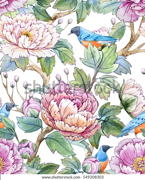 中国風水彩花柄 シームレスな壁紙と花 スターリング鳥 のイラスト素材