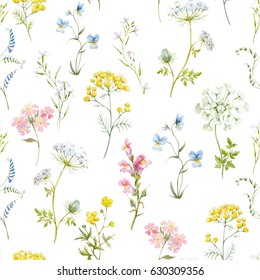 Watercolor floral pattern  delicate flower wallpaper  wildflowers pink tansy  pansies  white flowers queen anne's lace  retro