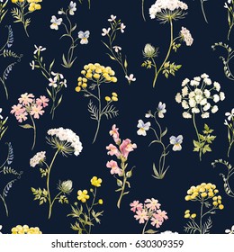 Watercolor floral pattern, delicate flower wallpaper, wildflowers pink,tansy, pansies. white flowers queen anne's lace. Retro wallpaper on a dark background