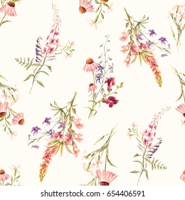 Watercolor Floral Pattern, Delicate Flower Summer  Wallpaper   Snapdragon,  Echinacea, Lupine And Other Wild Flowers. Pink And Blue Flowers