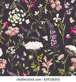 Watercolor floral pattern  delicate flower wallpaper  wildflowers pink tansy  pansies  white flowers queen anne's lace  retro  Dark background