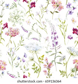 Watercolor floral pattern  delicate flower wallpaper  wildflowers pink tansy  pansies  white flowers queen anne's lace  retro