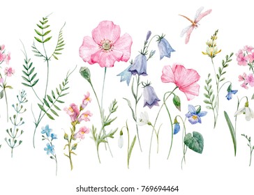 Watercolor floral pattern, delicate flower wallpaper, wildflowers pink,  pink poppy, snowdrop, violet and purple bells. flying dragonfly, retro. Horizontal pattern
